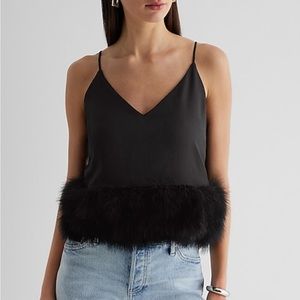 Express size small NWT black spaghetti strap cami with marabou feather trim
